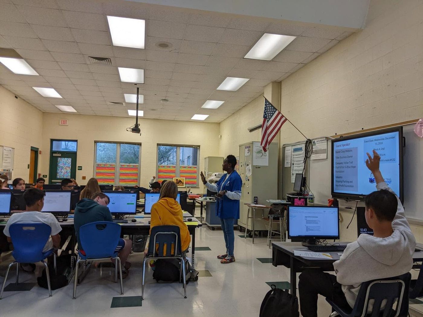 Cissy Watkins speaking to a classroom of students